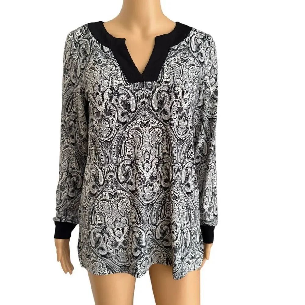Tahari Blouse Black & Gray Paisley Print Long Sleeve Stretch Top Sz S NWT